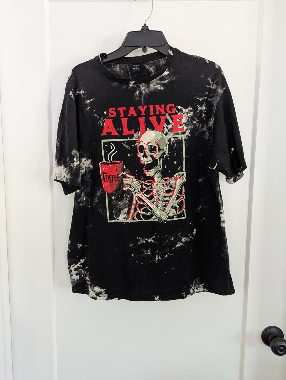 Staying Alive Skull Coffee T-shirt Black Tie Dye Small Gothic Fun Shein EUC